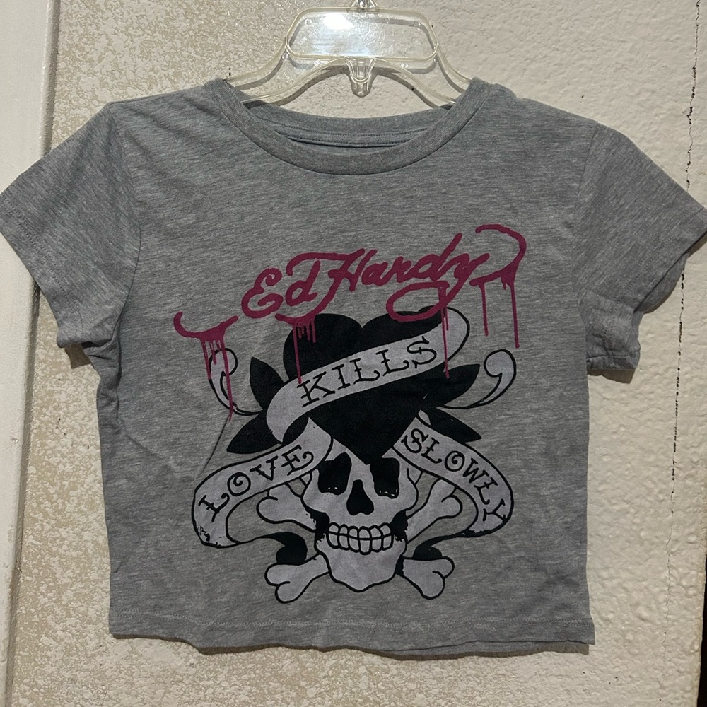Ed Hardy Tee with Skull Graphic in Gray and Pink